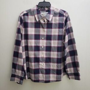 Foxcropt Womens Button Shirt Petite 18 Long Sleeve Navy Pink Plaid Wrinkle Free